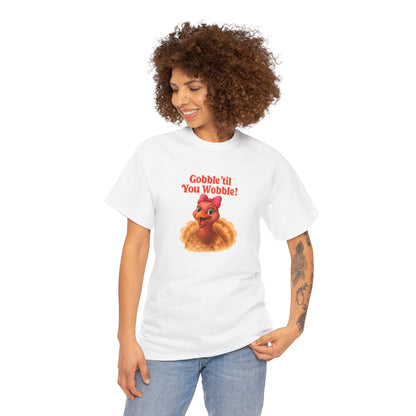 Gobble ’Til You Wobble Turkey Shirt – Funny Thanksgiving Tee, Smiling Female Turkey with Coquette Bow, Friendsgiving Graphic Top - White