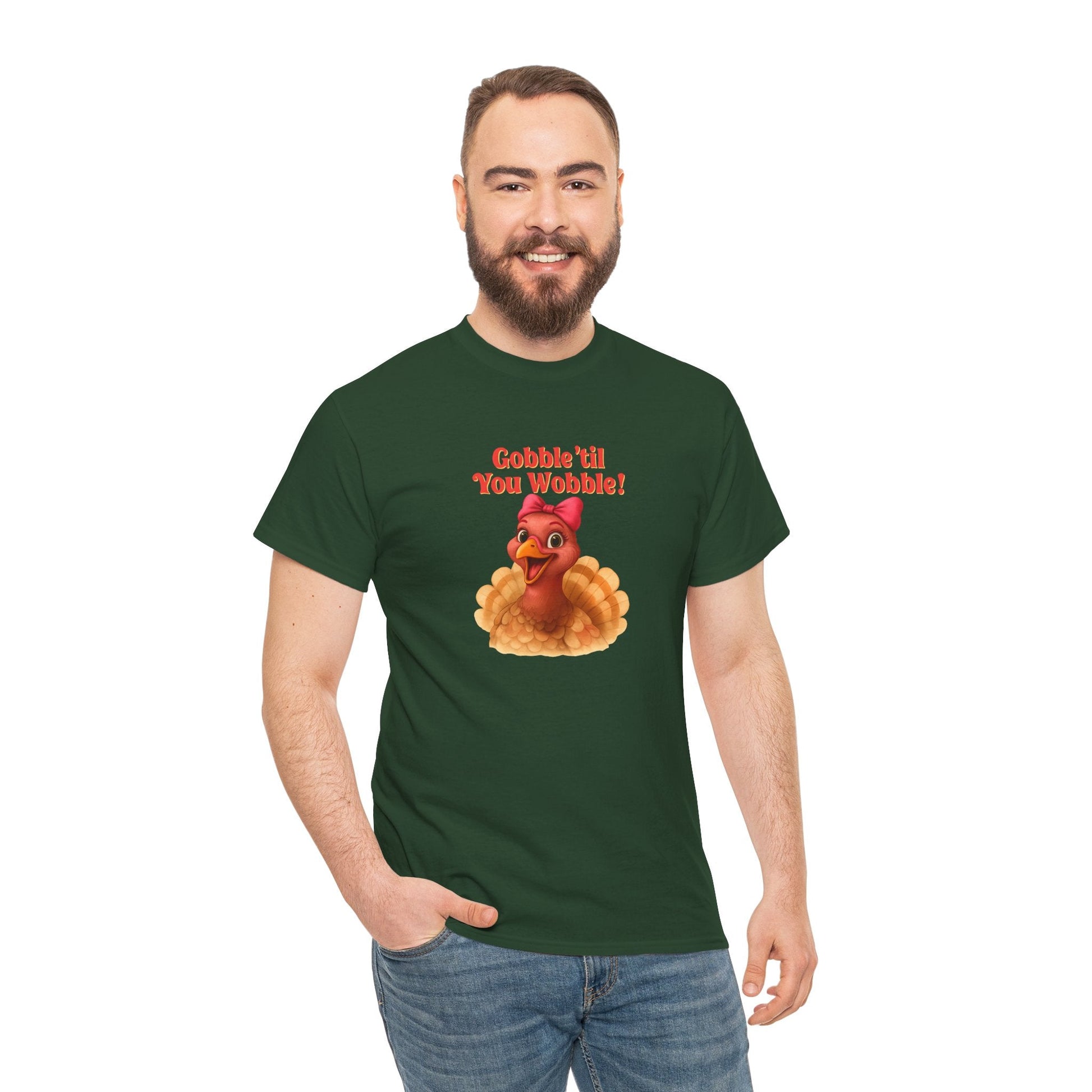 Gobble ’Til You Wobble Turkey Shirt – Funny Thanksgiving Tee, Smiling Female Turkey with Coquette Bow, Friendsgiving Graphic Top - Forest Green