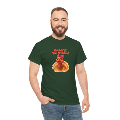 Gobble ’Til You Wobble Turkey Shirt – Funny Thanksgiving Tee, Smiling Female Turkey with Coquette Bow, Friendsgiving Graphic Top - Forest Green