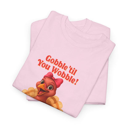 Gobble ’Til You Wobble Turkey Shirt – Funny Thanksgiving Tee, Smiling Female Turkey with Coquette Bow, Friendsgiving Graphic Top - Light Pink
