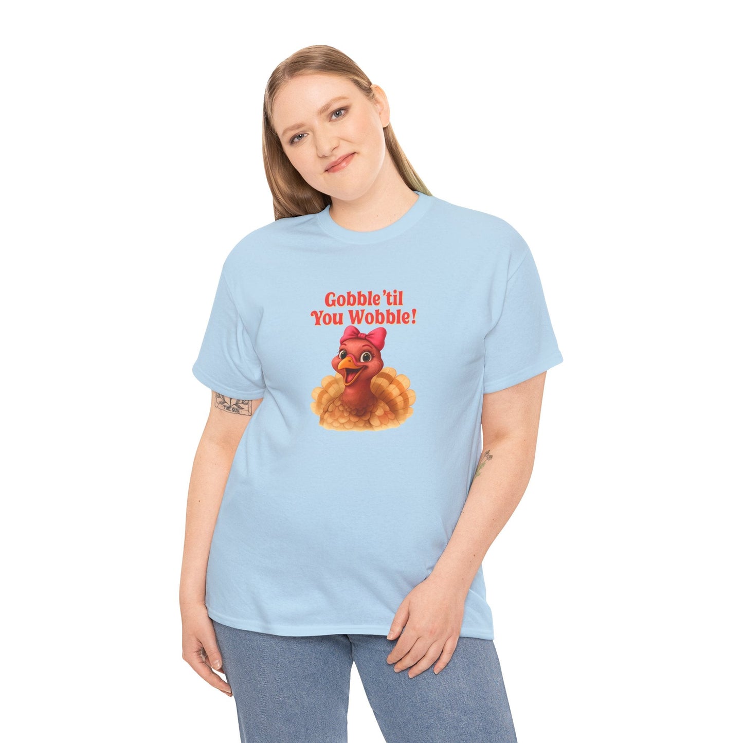 Gobble ’Til You Wobble Turkey Shirt – Funny Thanksgiving Tee, Smiling Female Turkey with Coquette Bow, Friendsgiving Graphic Top - Light Blue