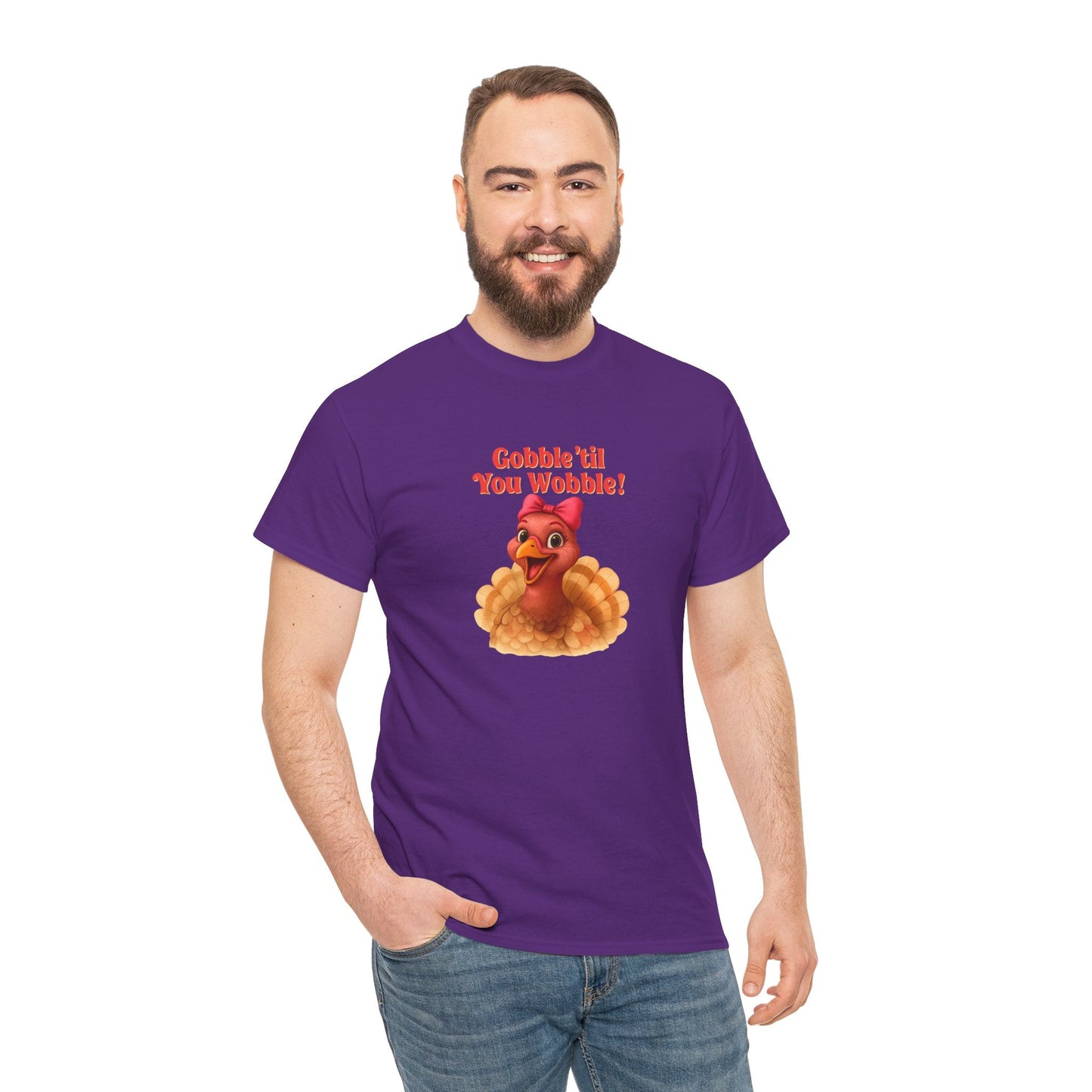 Gobble ’Til You Wobble Turkey Shirt – Funny Thanksgiving Tee, Smiling Female Turkey with Coquette Bow, Friendsgiving Graphic Top - Purple