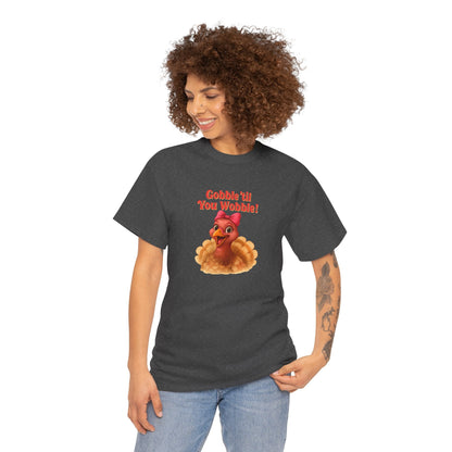 Gobble ’Til You Wobble Turkey Shirt – Funny Thanksgiving Tee, Smiling Female Turkey with Coquette Bow, Friendsgiving Graphic Top - Dark Heather