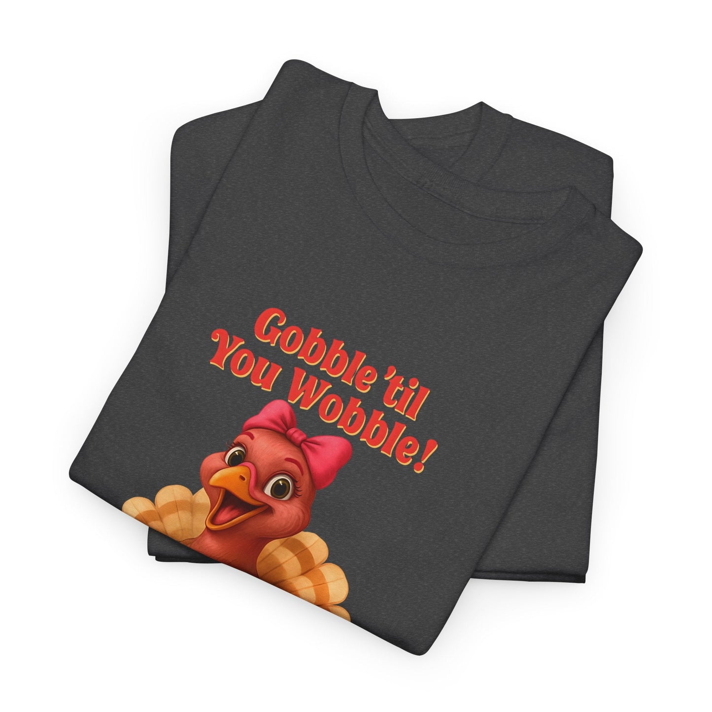 Gobble ’Til You Wobble Turkey Shirt – Funny Thanksgiving Tee, Smiling Female Turkey with Coquette Bow, Friendsgiving Graphic Top - Dark Heather