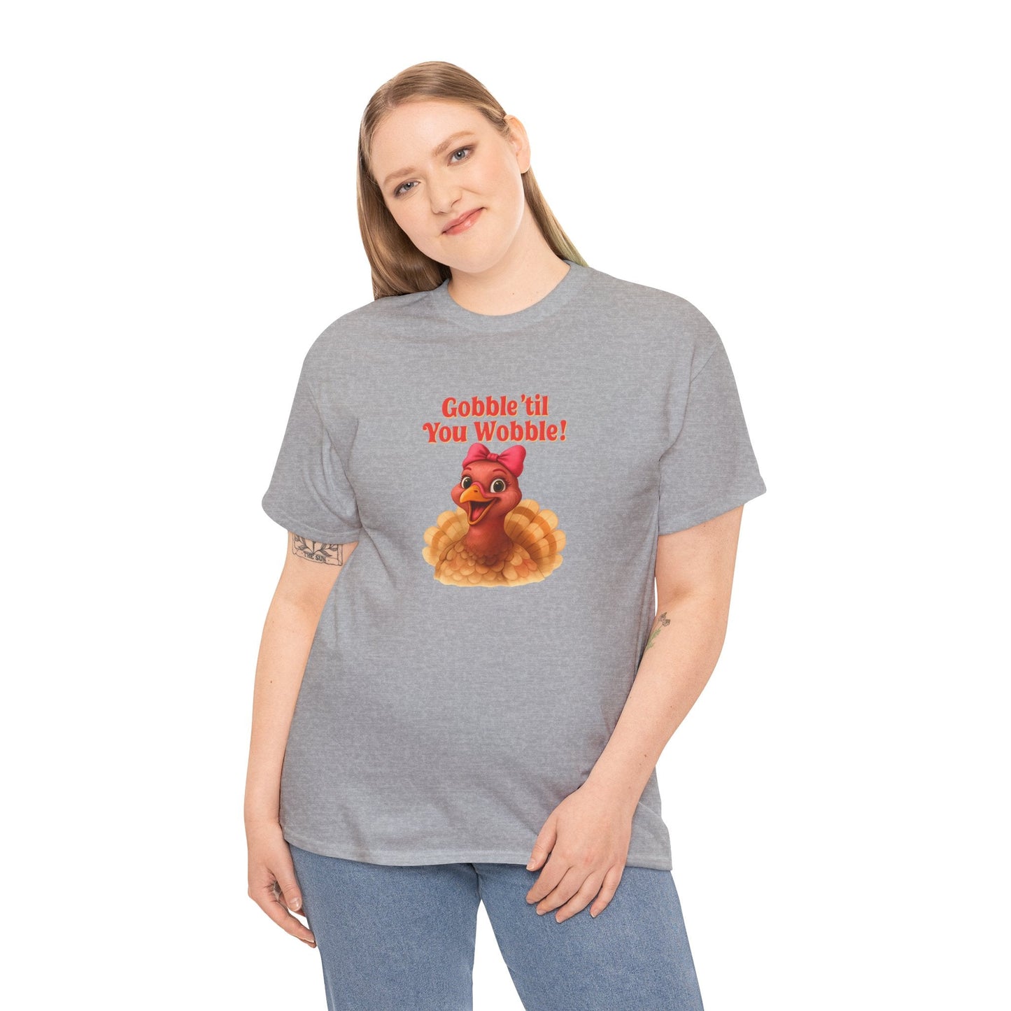Gobble ’Til You Wobble Turkey Shirt – Funny Thanksgiving Tee, Smiling Female Turkey with Coquette Bow, Friendsgiving Graphic Top - Sport Grey