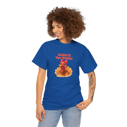Gobble ’Til You Wobble Turkey Shirt – Funny Thanksgiving Tee, Smiling Female Turkey with Coquette Bow, Friendsgiving Graphic Top - Royal
