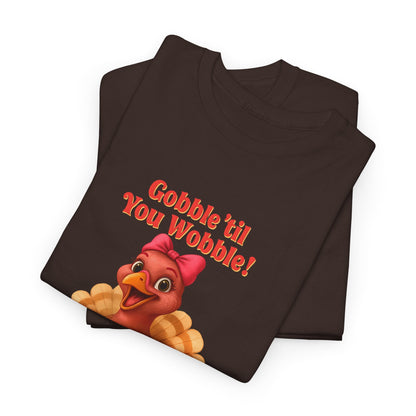 Gobble ’Til You Wobble Turkey Shirt – Funny Thanksgiving Tee, Smiling Female Turkey with Coquette Bow, Friendsgiving Graphic Top - Dark Chocolate