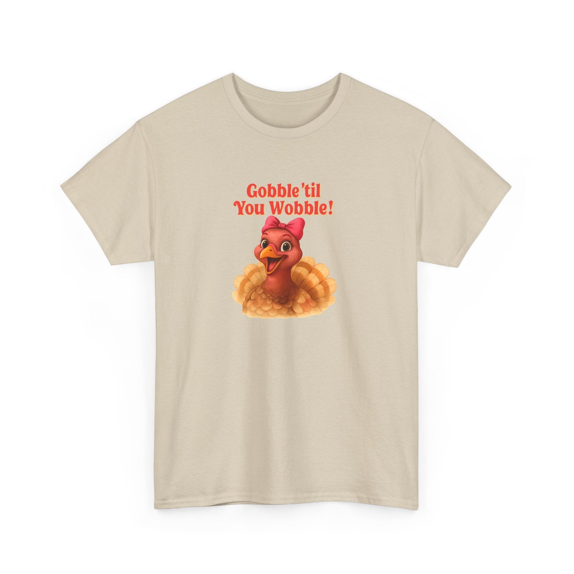 Gobble ’Til You Wobble Turkey Shirt – Funny Thanksgiving Tee, Smiling Female Turkey with Coquette Bow, Friendsgiving Graphic Top - Sand