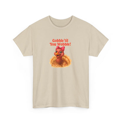 Gobble ’Til You Wobble Turkey Shirt – Funny Thanksgiving Tee, Smiling Female Turkey with Coquette Bow, Friendsgiving Graphic Top - Sand