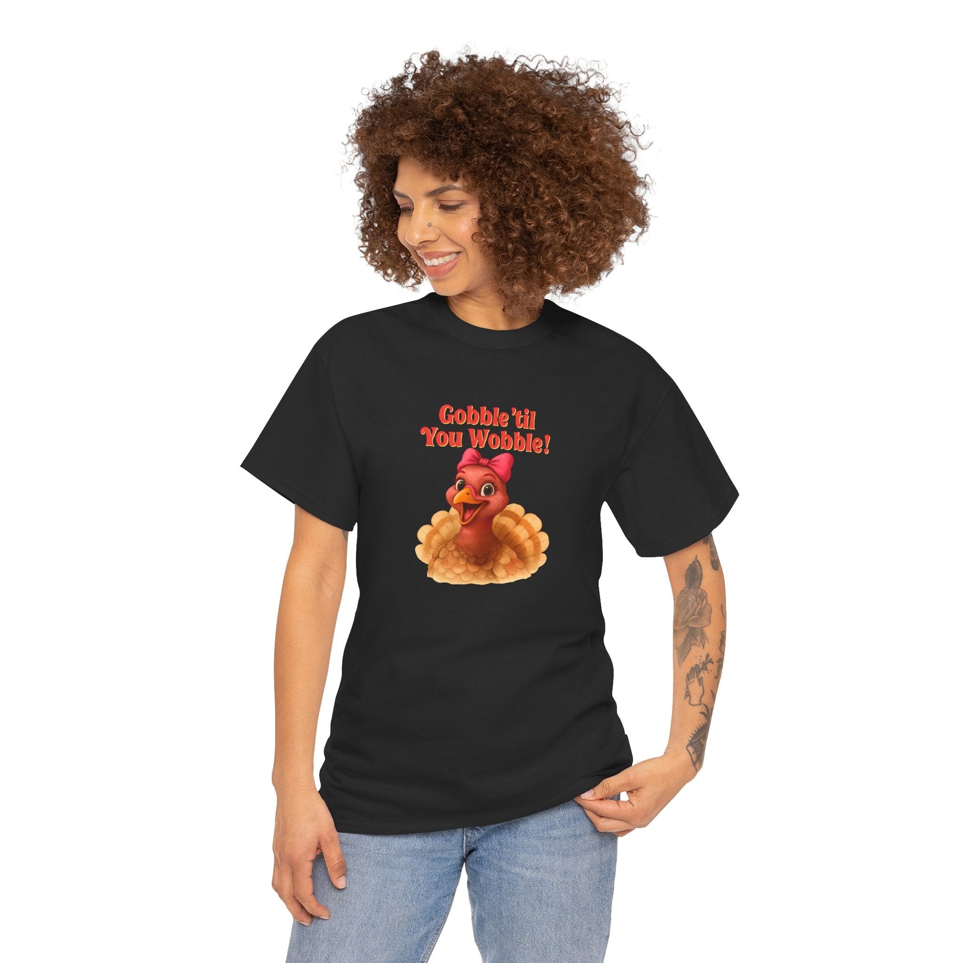 Gobble ’Til You Wobble Turkey Shirt – Funny Thanksgiving Tee, Smiling Female Turkey with Coquette Bow, Friendsgiving Graphic Top - Black