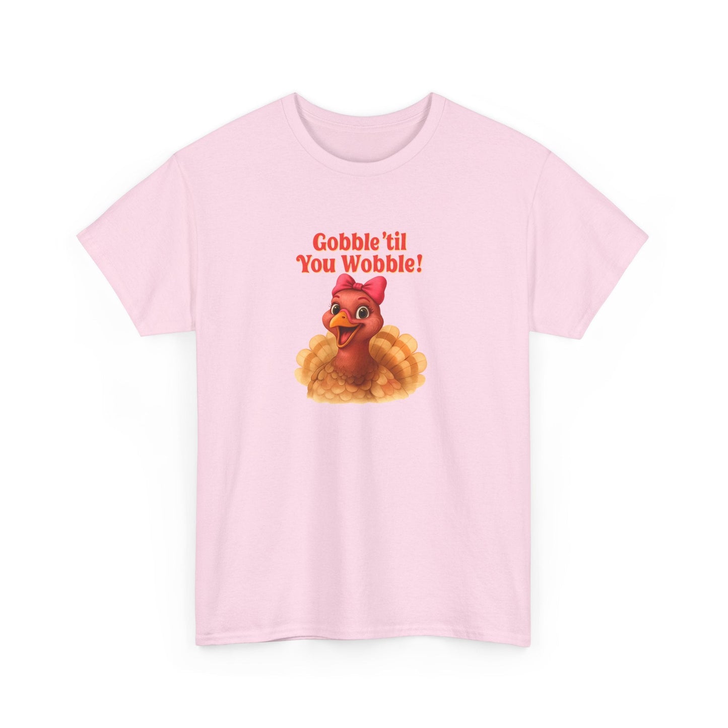 Gobble ’Til You Wobble Turkey Shirt – Funny Thanksgiving Tee, Smiling Female Turkey with Coquette Bow, Friendsgiving Graphic Top - Light Pink