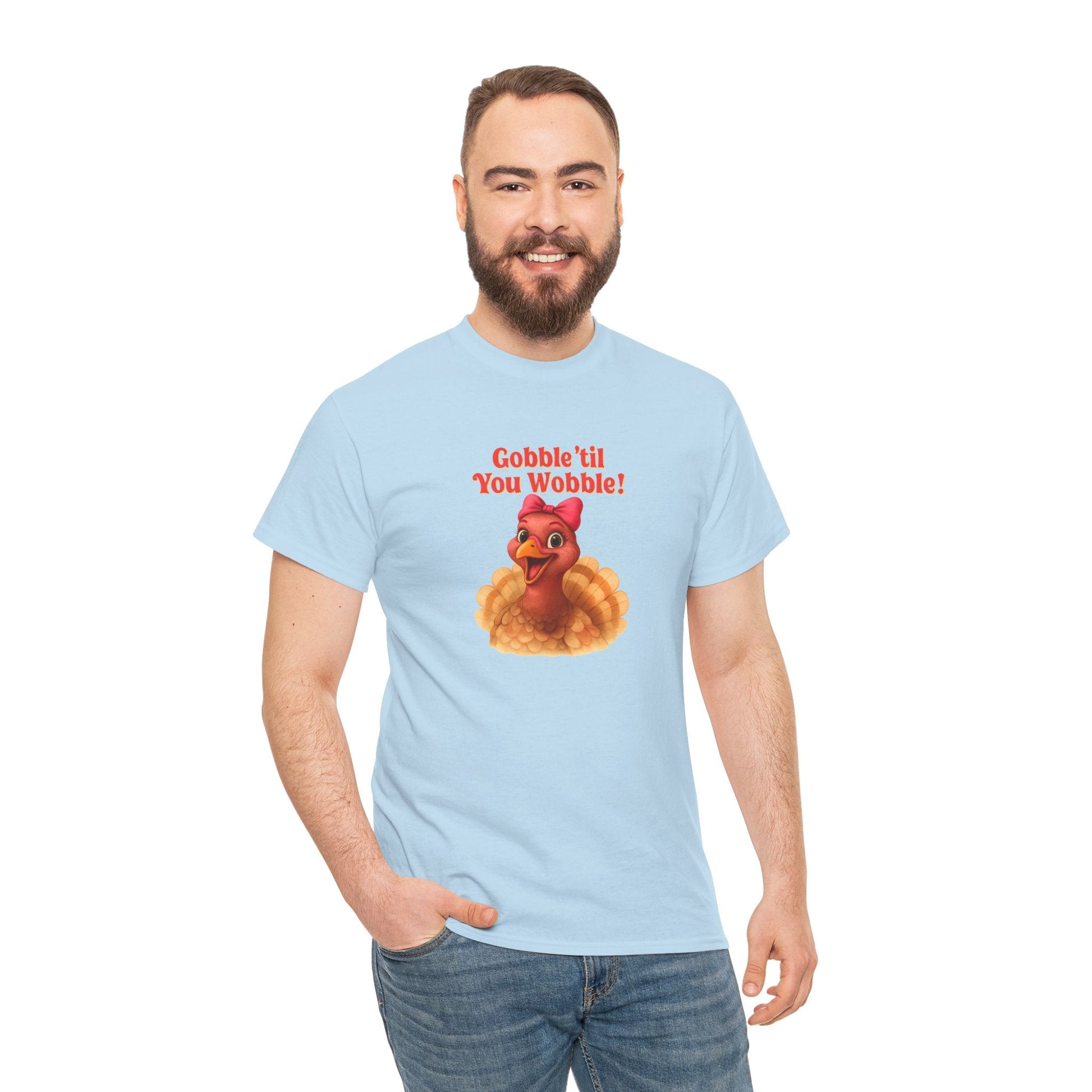 Gobble ’Til You Wobble Turkey Shirt – Funny Thanksgiving Tee, Smiling Female Turkey with Coquette Bow, Friendsgiving Graphic Top - Light Blue