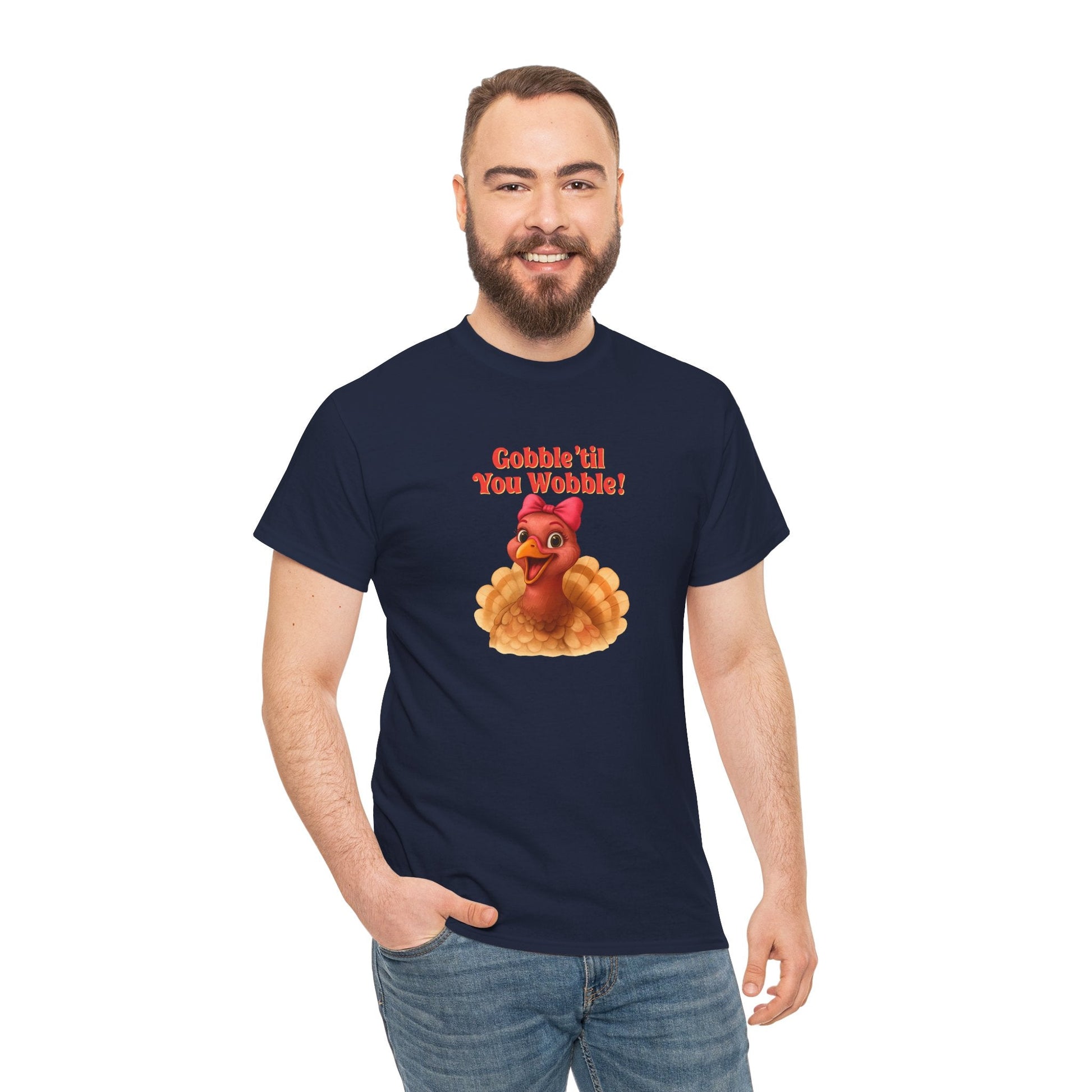 Gobble ’Til You Wobble Turkey Shirt – Funny Thanksgiving Tee, Smiling Female Turkey with Coquette Bow, Friendsgiving Graphic Top - Navy