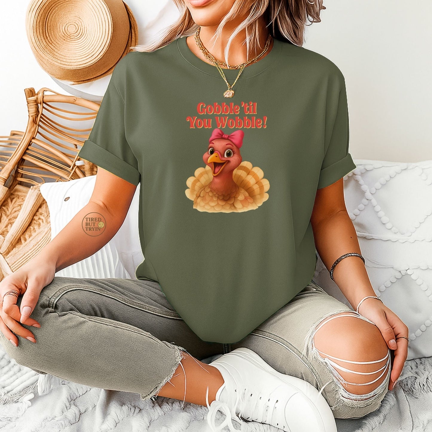 Gobble ’Til You Wobble Turkey Shirt – Funny Thanksgiving Tee, Smiling Female Turkey with Coquette Bow, Friendsgiving Graphic Top - Military Green