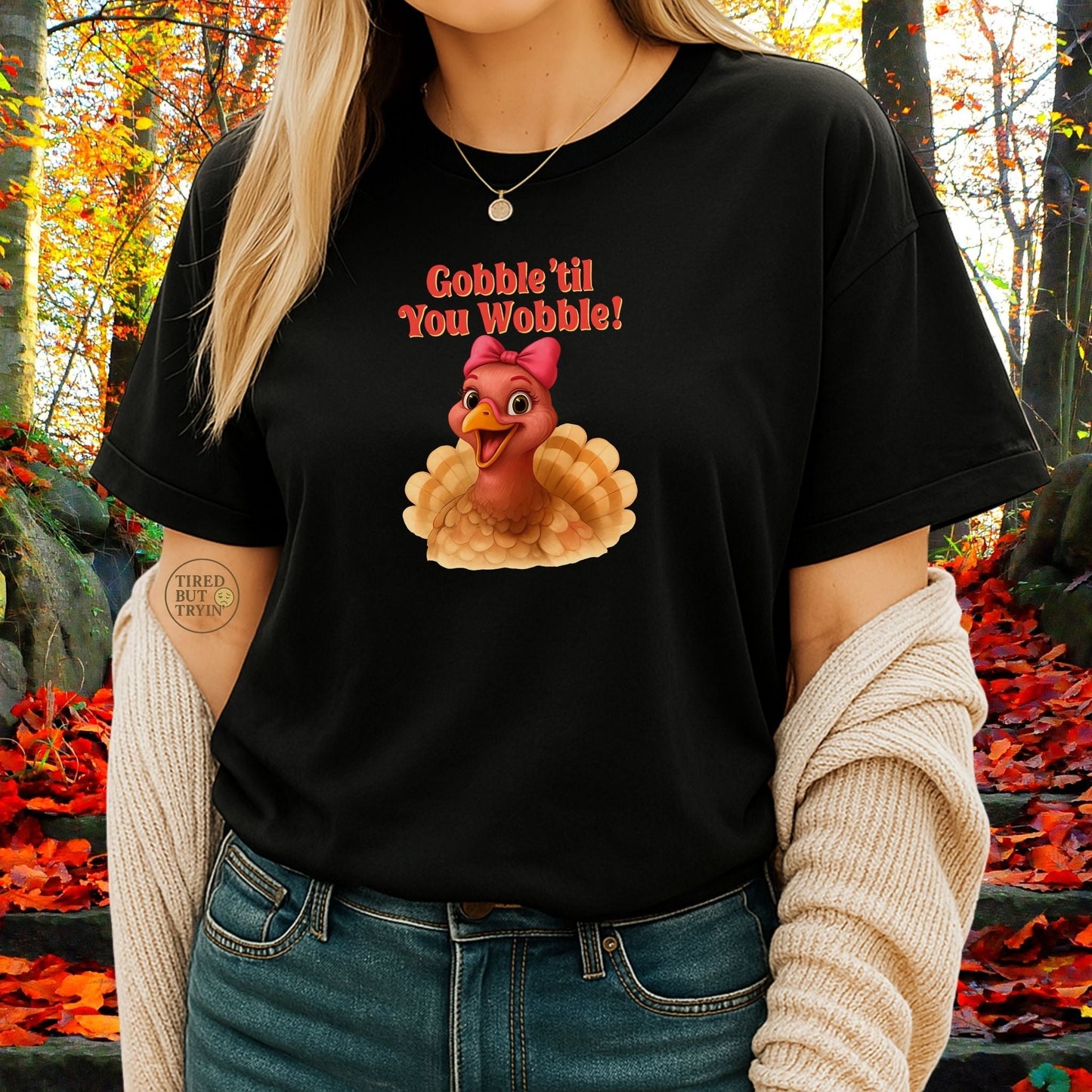 Gobble ’Til You Wobble Turkey Shirt – Funny Thanksgiving Tee, Smiling Female Turkey with Coquette Bow, Friendsgiving Graphic Top - Black
